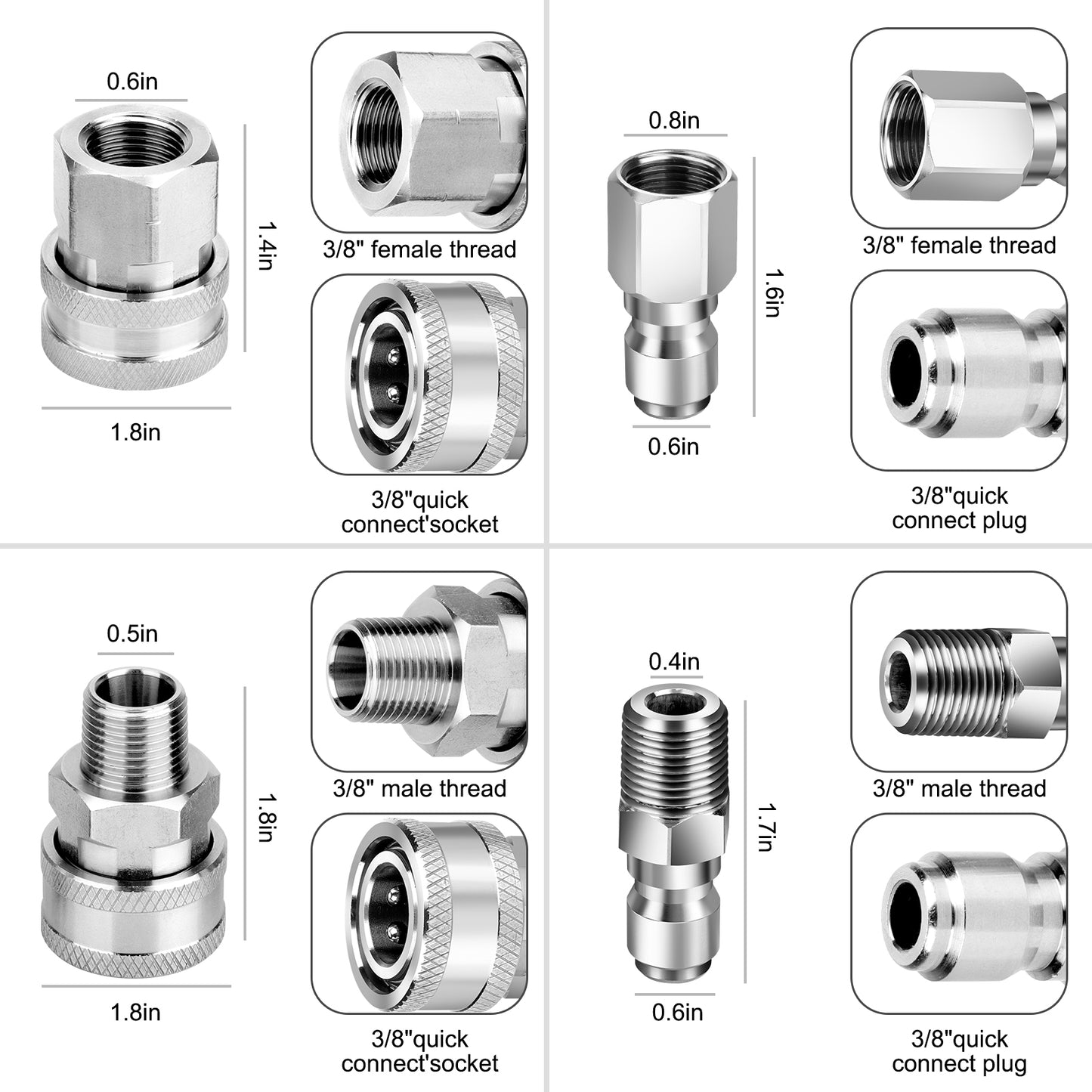 3/8" Quick Connector Pressure Washer Adapters - Stainless Steel Connect Fittings set ideal solution for anyone looking to enhance their cleaning efficiency with a reliable and high-quality quick-connect system