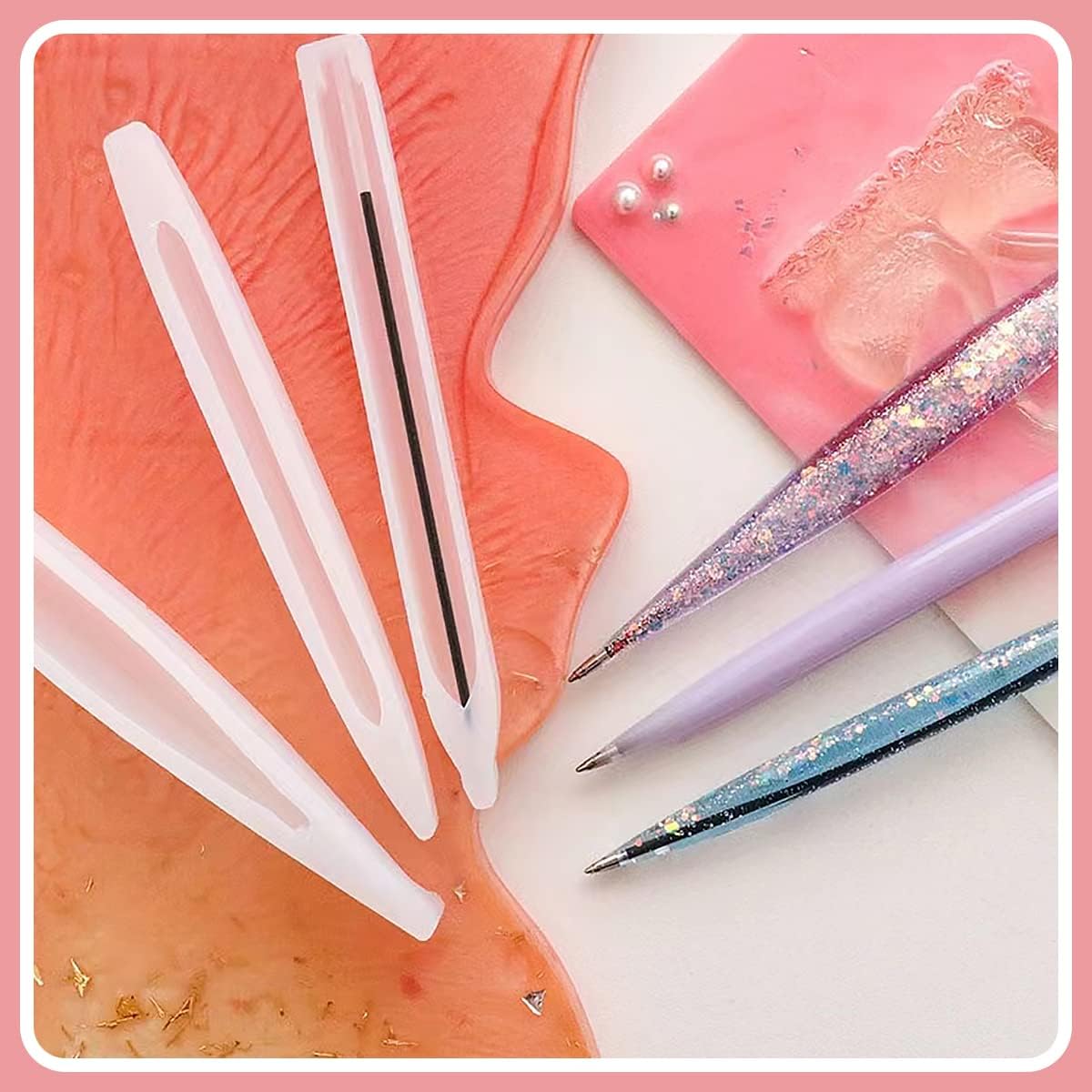 3Pcs Silicone Pen Shape Resin Molds with 5 Pen Refills - DIY Silicone Resin Molds, Epoxy Casting Molds Pen Molds Crafts Making Tool