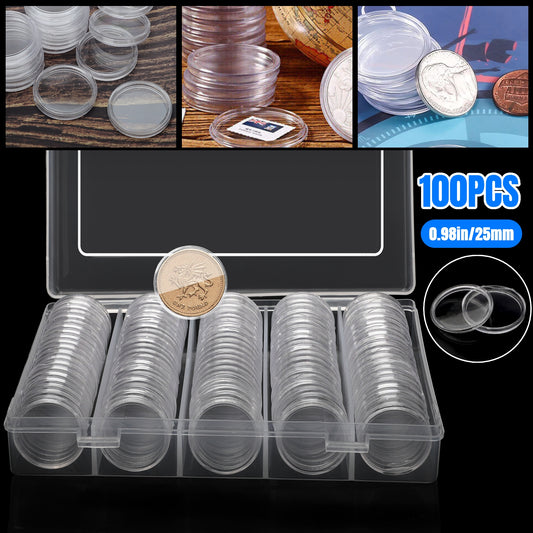 100 Pcs 25mm Coin Capsules - With Clear Plastic Storage Organizer Box - Protective Coin Case Set for Collectors