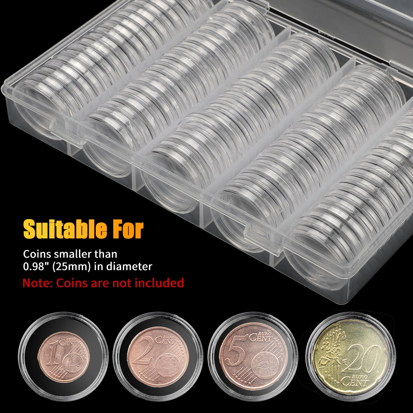 100 Pcs 25mm Coin Capsules - With Clear Plastic Storage Organizer Box - Protective Coin Case Set for Collectors
