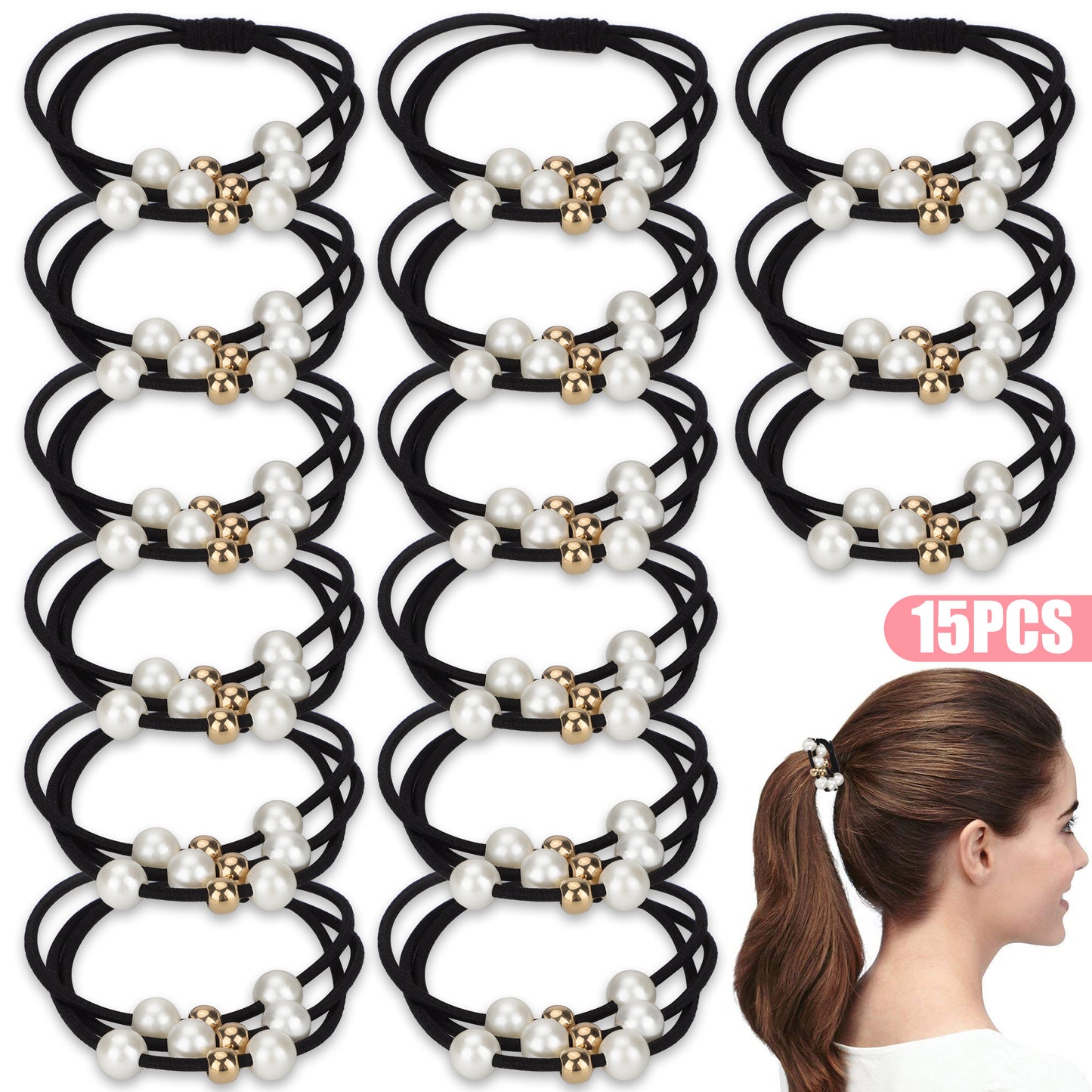 15 Pcs Elastic Hair Ties – Multi-Layer rubber bands with Decorative Pearls, No Slip , Strong, Stretchy, Ponytail Holders for Girls Women