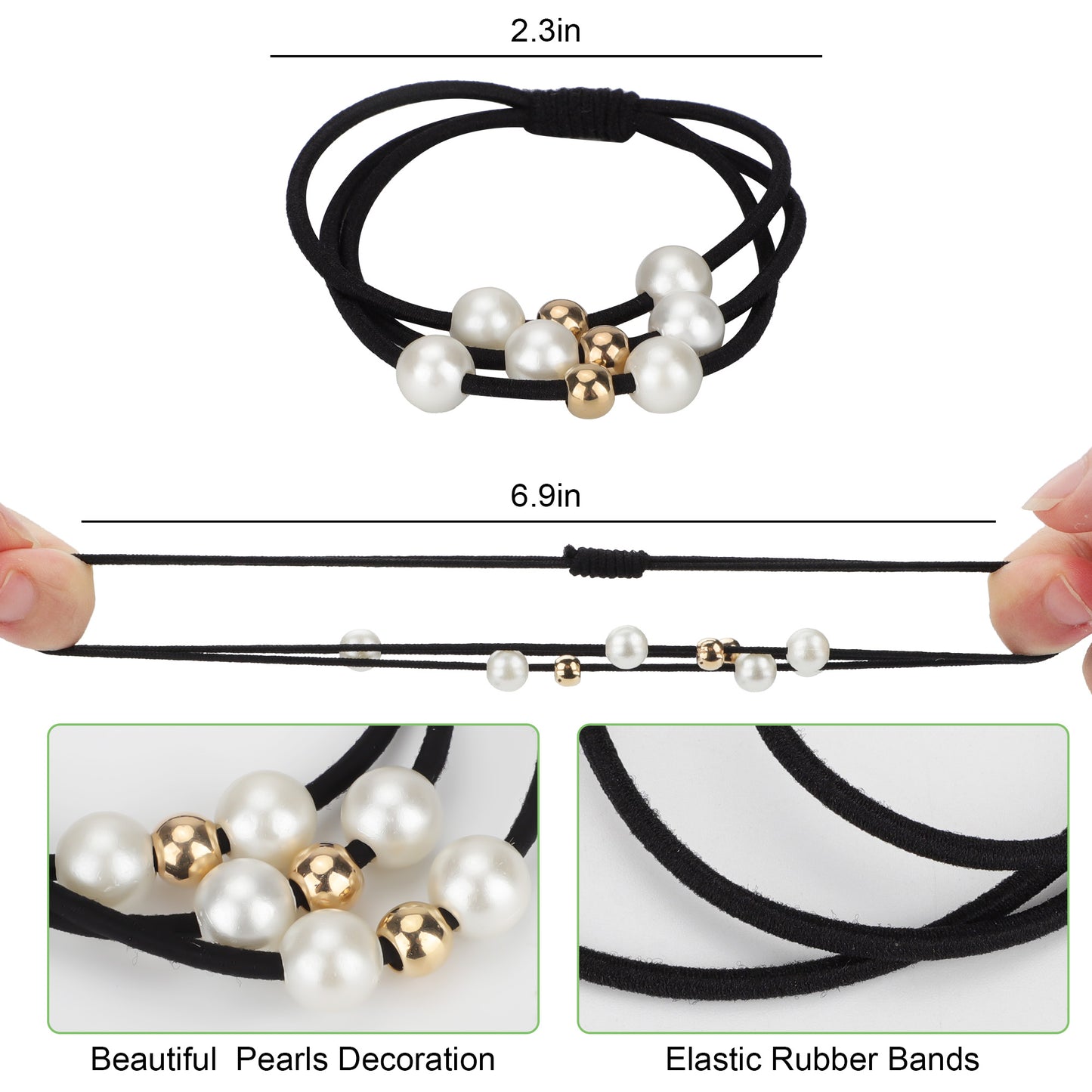 15 Pcs Elastic Hair Ties – Multi-Layer rubber bands with Decorative Pearls, No Slip , Strong, Stretchy, Ponytail Holders for Girls Women