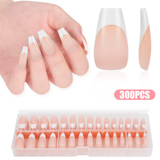 300Pcs French Tips Press on Nails - 15 Sizes Matte Fake Nails,Long Square French Tips for DIY Nail Art Manicure
