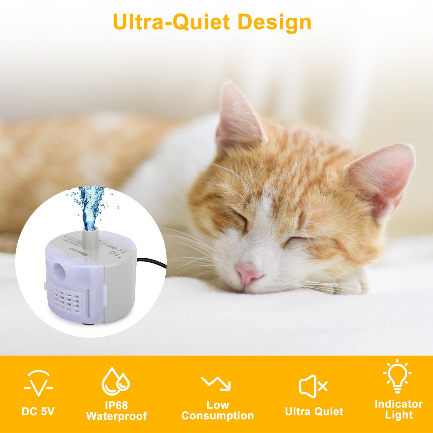 Ultra Quiet USB Rechargeable Pet Water Fountain Pump with LED - IP68 Waterproof,Compatible with Stainless Steel Fountains