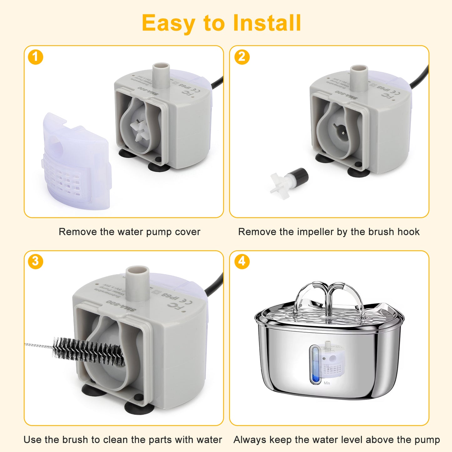 Ultra Quiet USB Rechargeable Pet Water Fountain Pump with LED - IP68 Waterproof,Compatible with Stainless Steel Fountains
