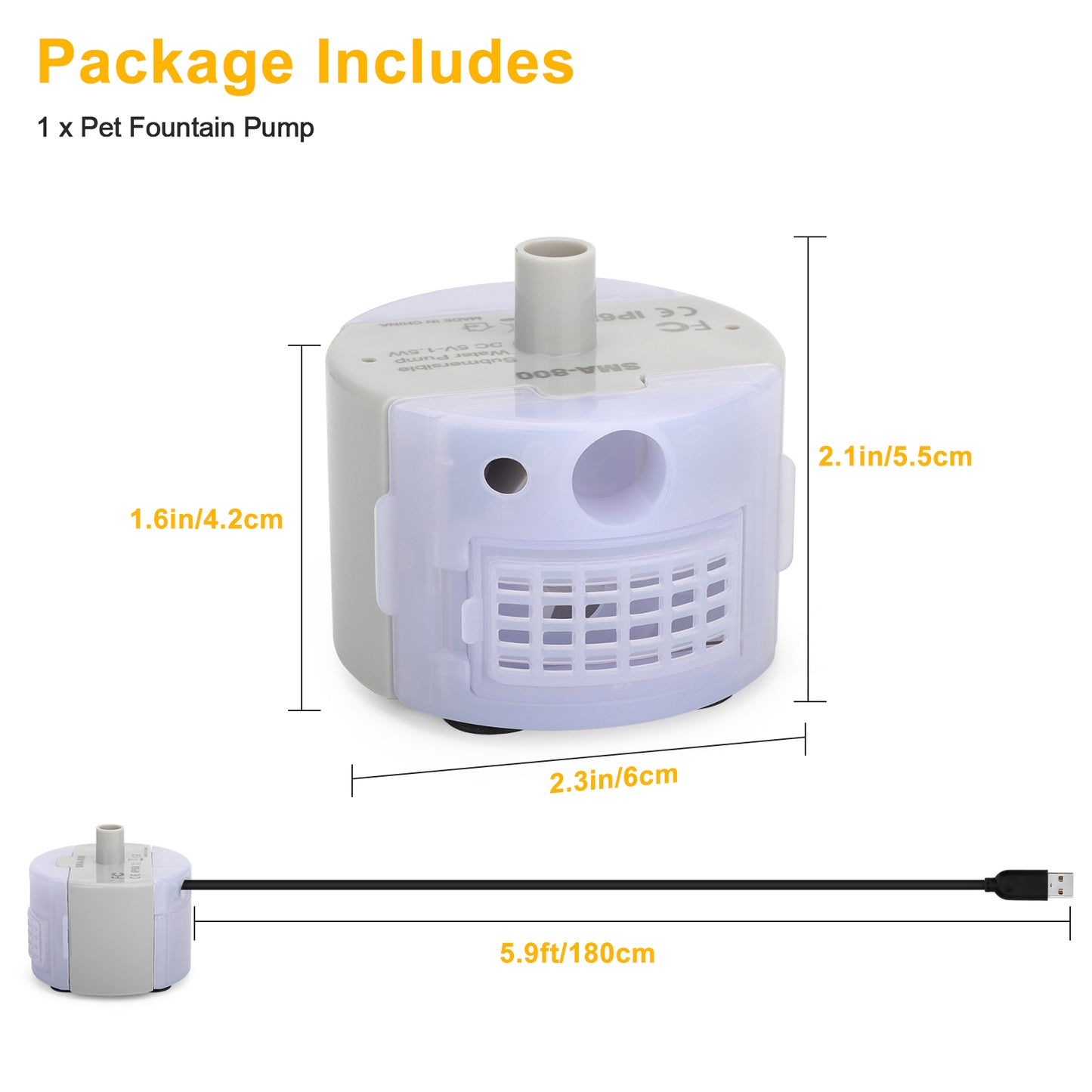 Ultra Quiet USB Rechargeable Pet Water Fountain Pump with LED - IP68 Waterproof,Compatible with Stainless Steel Fountains
