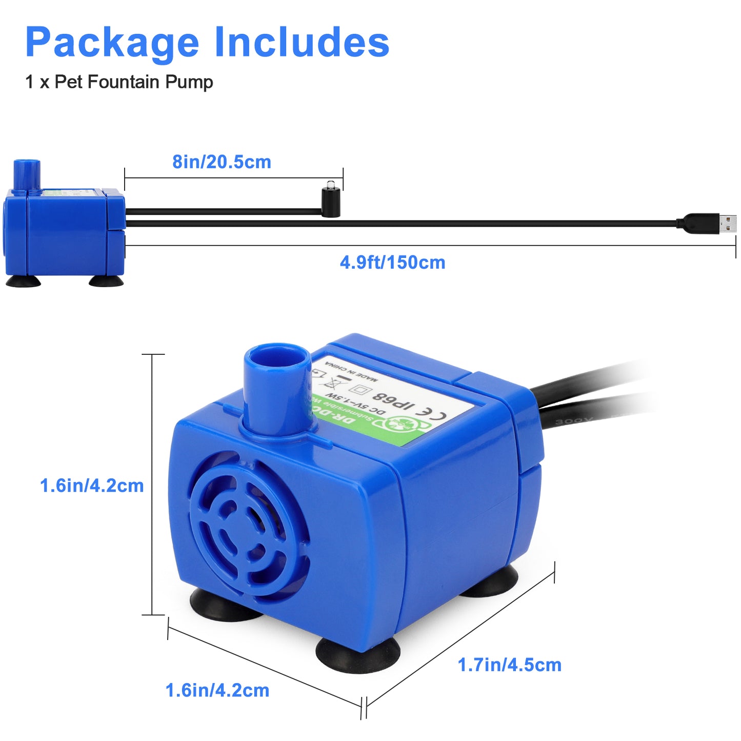 Intelligent Cat Water Fountain Pump with LED Indicator - USB Rechargeable, Ultra Quiet, IP68 Waterproof (Blue)