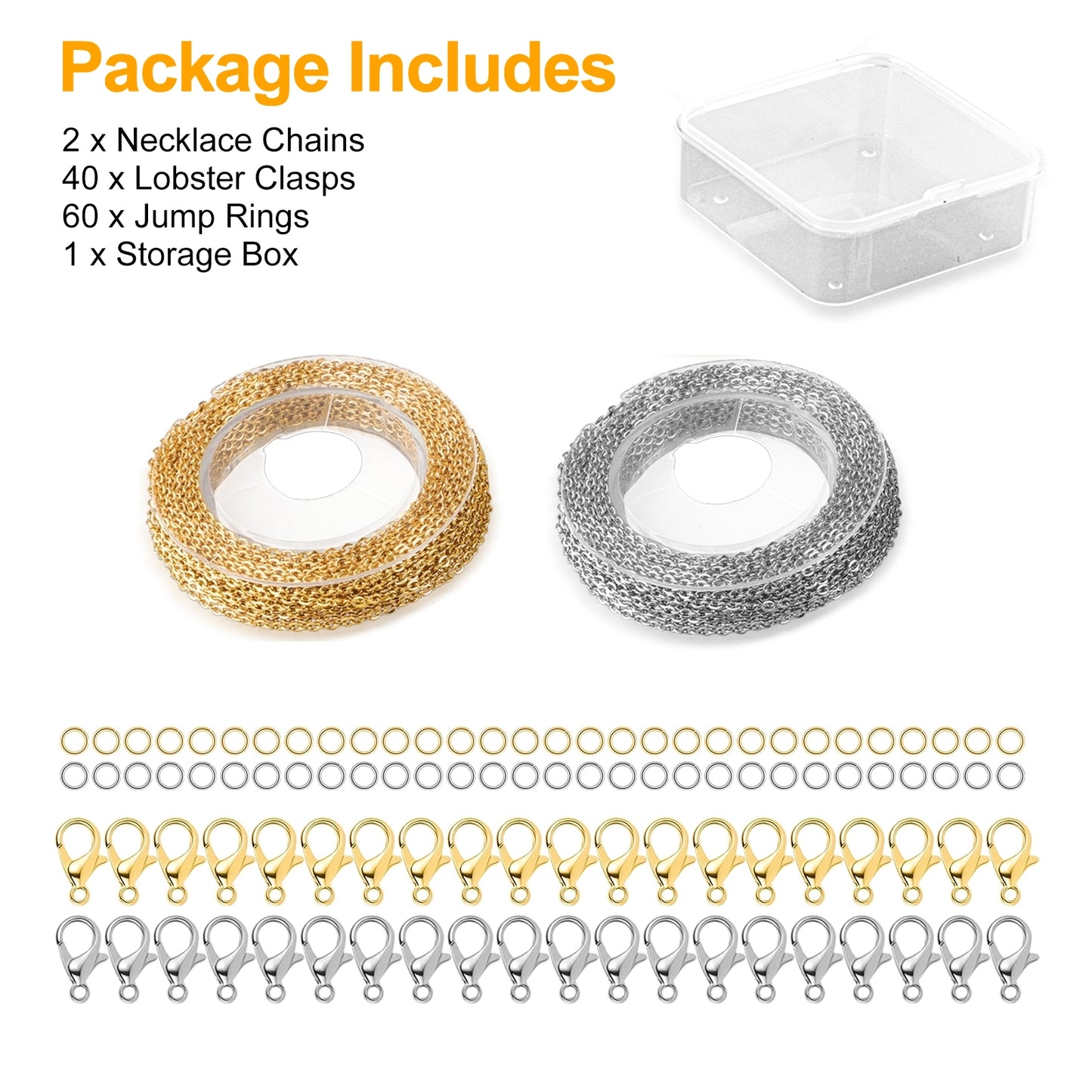 2Pcs 19in DIY Link Chain Necklaces with 40 Lobster Clasps - Jewelry Making kit with 60 Jump Rings,DIY Jewelry Extension Chain Jewelry Making (Gold and Silver)