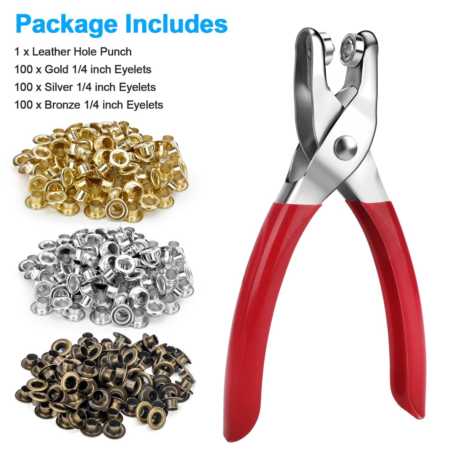 301 Pcs Grommet Eyelet Pliers Tool Kit - 1/4 Inch Fabric Leather Hole Eyelets and Grommets Punch Pliers with 300 Metal Eyelets Portable Grommet Tool Kit for Belt Shoes Cloths (Coppery,Gold,Silver)
