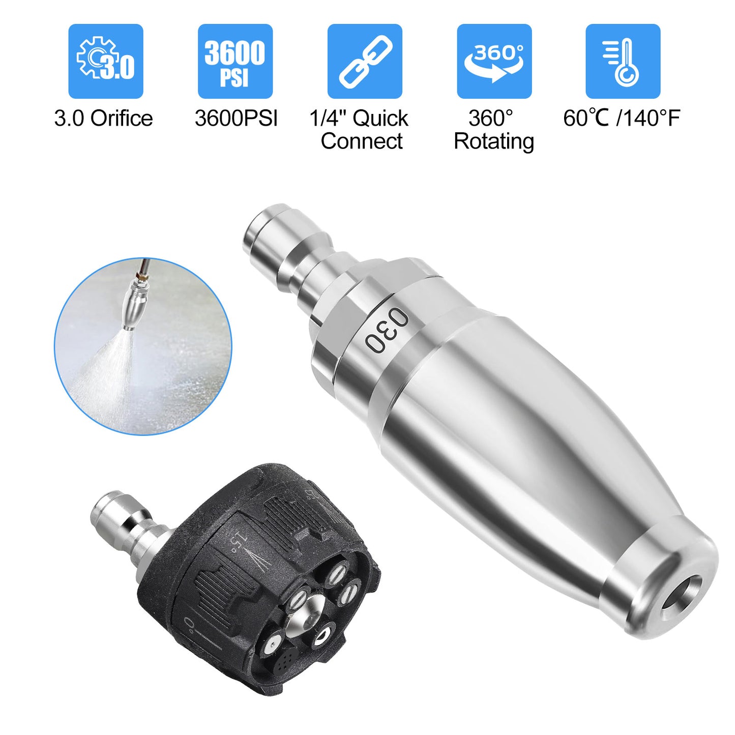 6-in-1 Turbo High Pressure Washer Nozzle 1/4" Quick Connect, 3600 PSI Adjustable Spray Patterns