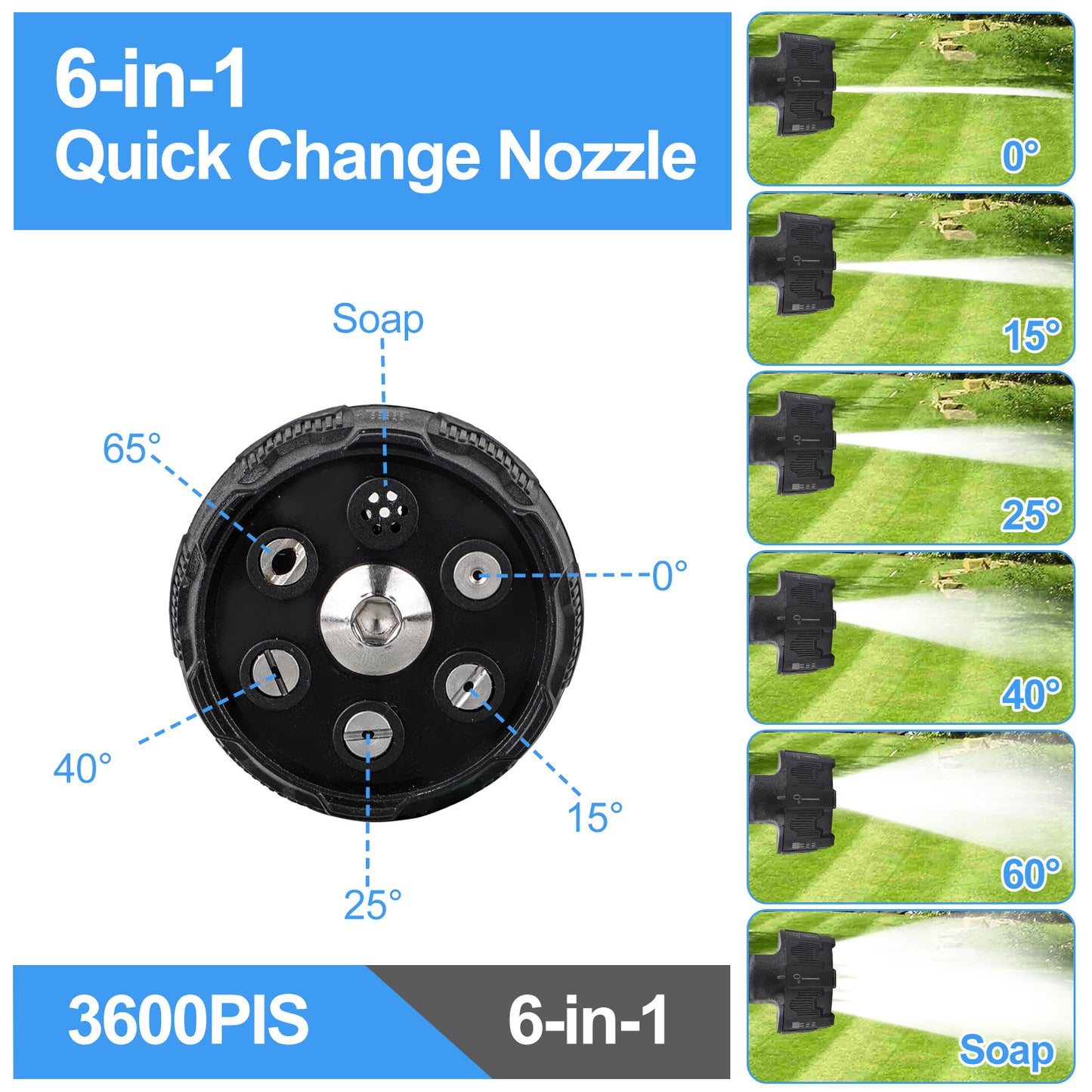 6-in-1 Turbo High Pressure Washer Nozzle 1/4" Quick Connect, 3600 PSI Adjustable Spray Patterns