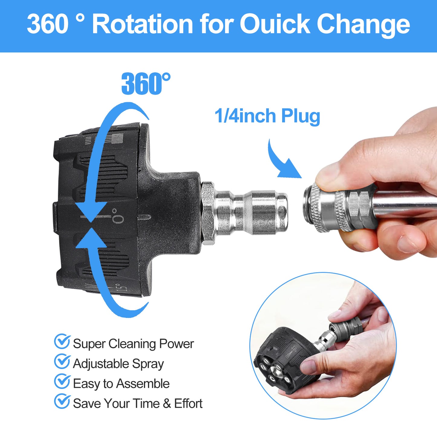 6-in-1 Turbo High Pressure Washer Nozzle 1/4" Quick Connect, 3600 PSI Adjustable Spray Patterns