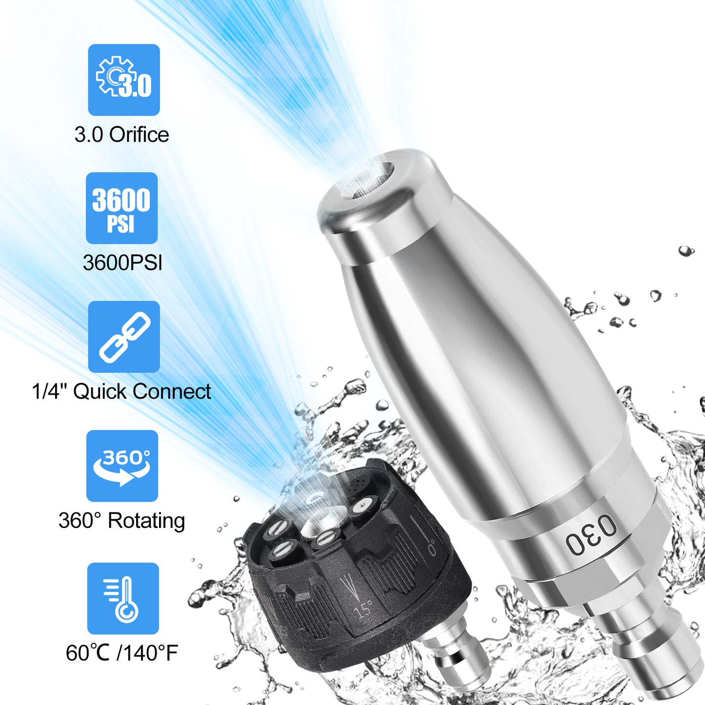6-in-1 Turbo High Pressure Washer Nozzle 1/4" Quick Connect, 3600 PSI Adjustable Spray Patterns