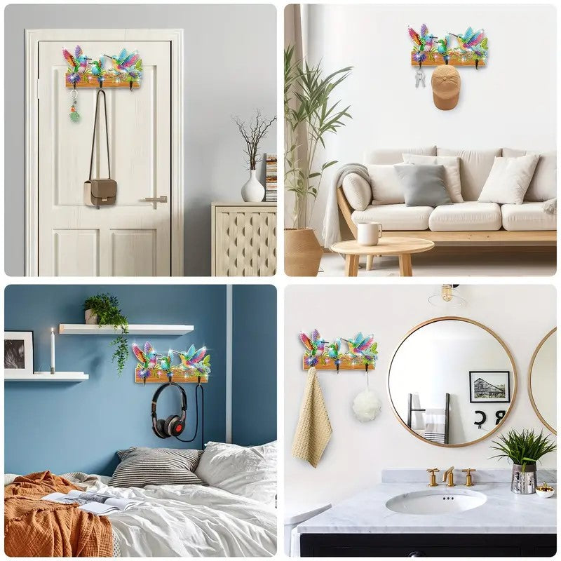 Diy Diamond Painting Hooks - Cartoon Bird Design, 3 Hooks Wall Mount, Multicolor Wooden Key Rack with Self-Adhesive Backing - Perfect for Entryway, Hallway, and Home Organization