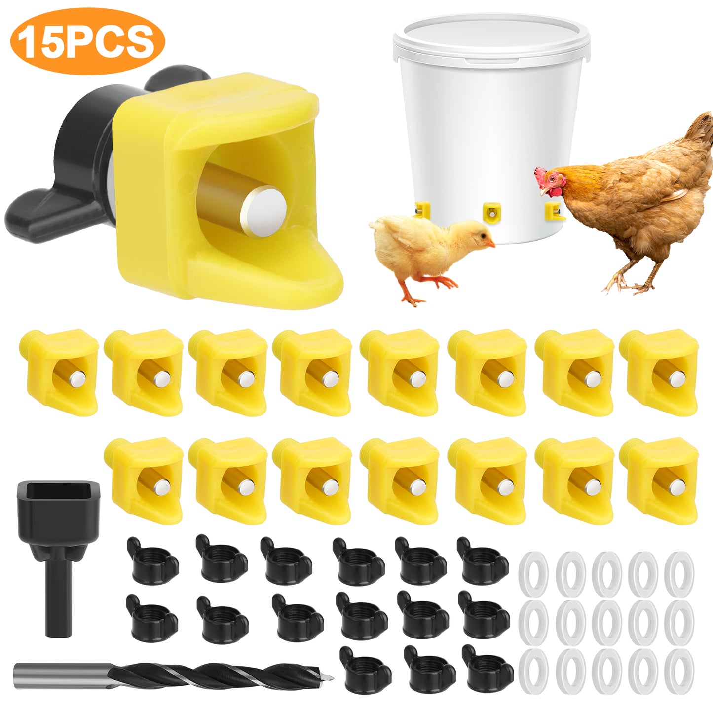 15 Pcs Chicken Nipple Waterer with Drill Bits - Anti-Leak Automatic Water System for Poultry,Horizontal Side Mount includes Drill Bit & Installation Tool