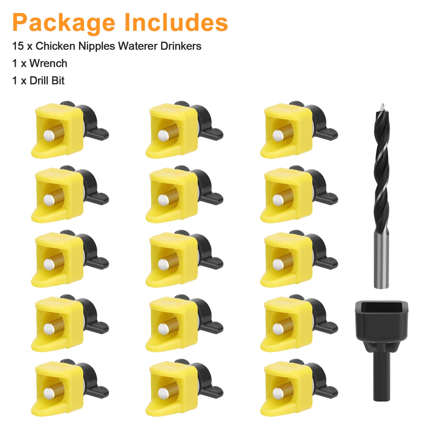 15 Pcs Chicken Nipple Waterer with Drill Bits - Anti-Leak Automatic Water System for Poultry,Horizontal Side Mount includes Drill Bit & Installation Tool