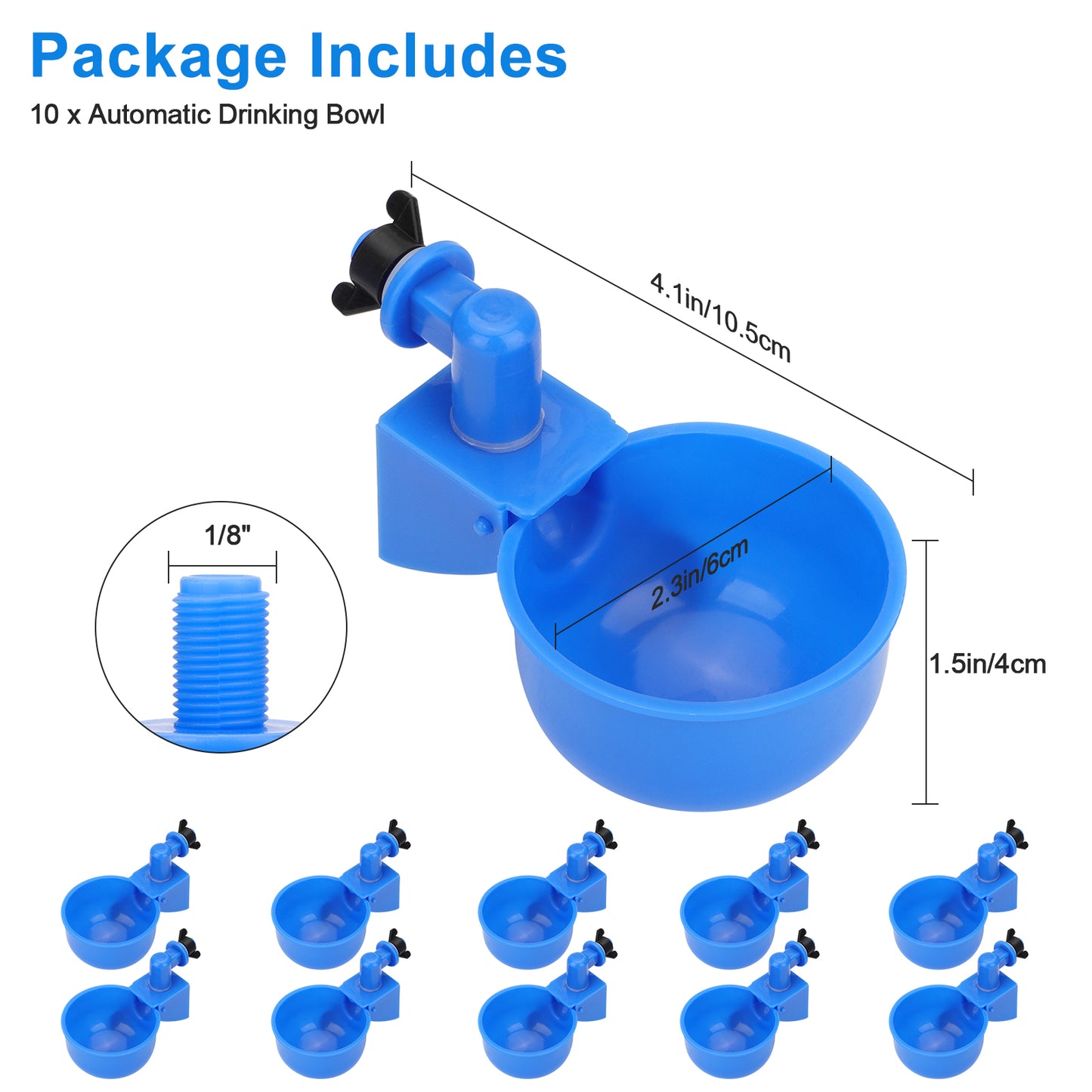 10 Pcs Automatic Chicken Waterer Cups - No Leak Poultry Drinking Cups with Fixed Double-Sided Adhesive and Drill Bit (Blue)