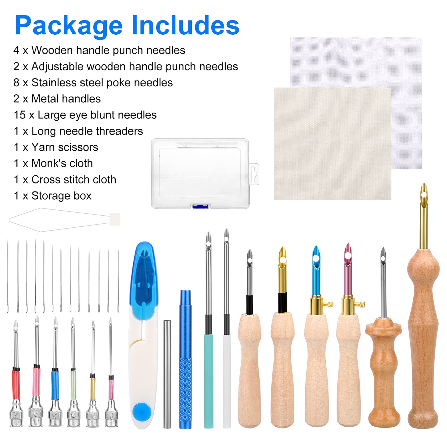 36 Pcs Punch Needle Kit - Includes Wooden & Metal Handle Punch Needles, Monk's Cloth, Cross Stitch Cloth, Blunt Needles & Organizer Box,Perfect for Beginners and Handmade Crafts,Ideal Gift for Embroidery Enthusiasts