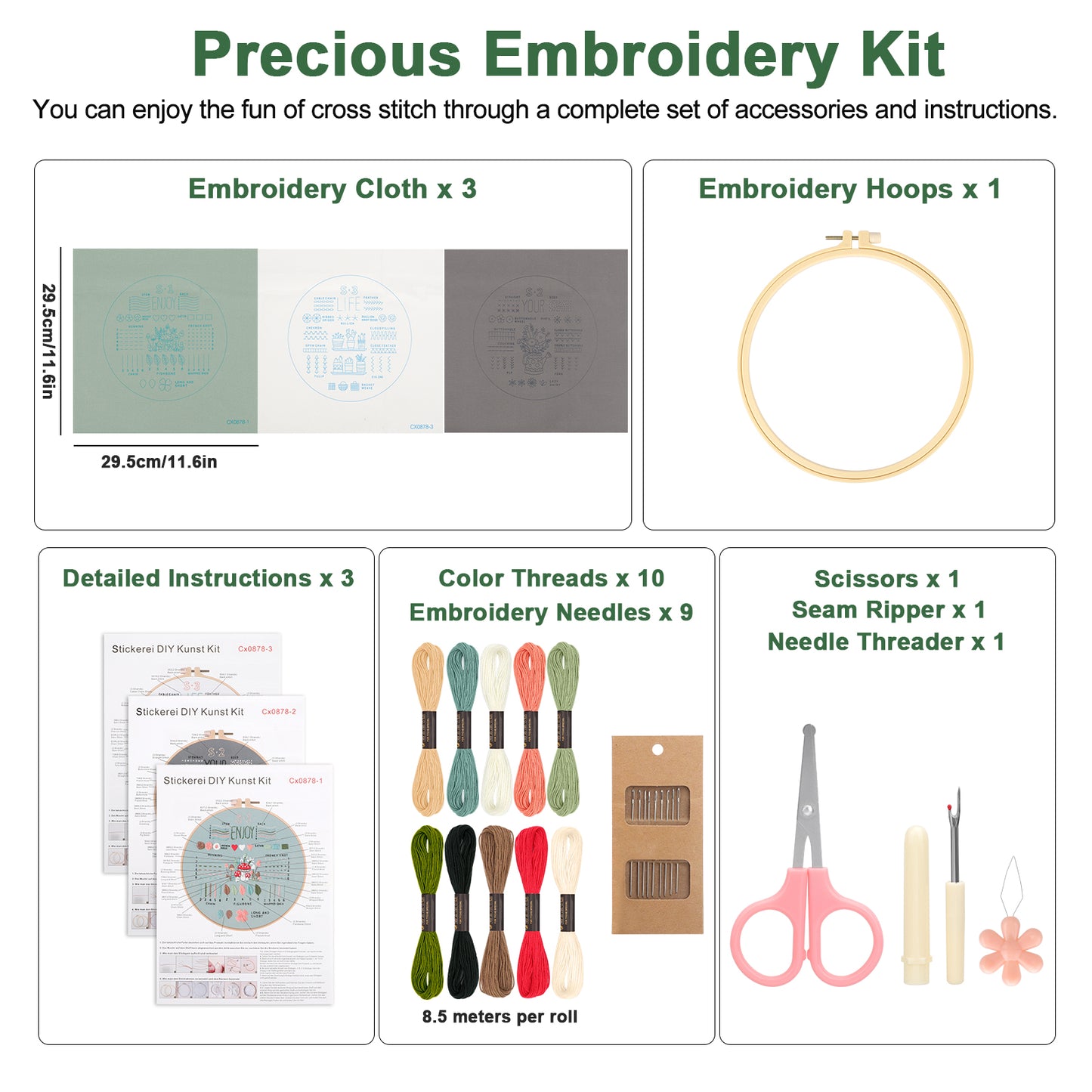 3 Sets Embroidery kit for Beginners Adults - 33 Different Stitches DIY Kits, Includes Stamped Flower Pattern Hoop Color Threads Tools For Decorative ornaments