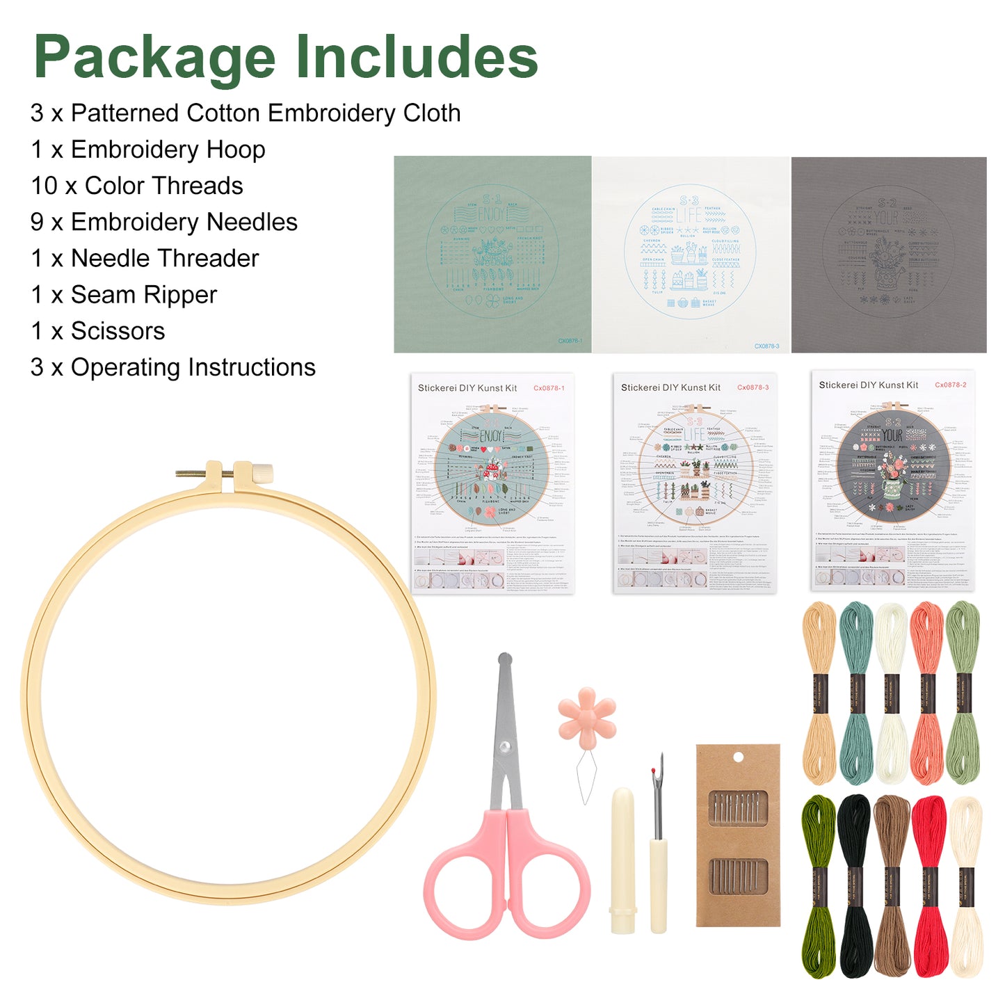 3 Sets Embroidery kit for Beginners Adults - 33 Different Stitches DIY Kits, Includes Stamped Flower Pattern Hoop Color Threads Tools For Decorative ornaments