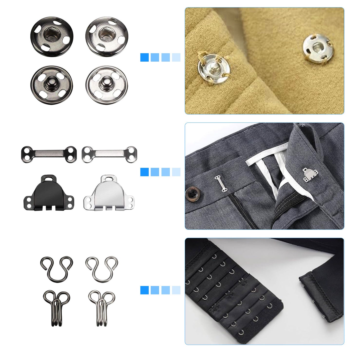 100 Pair 3 Styles Hook and Eye Latch Sewing Snaps Button Clothing Fixing Tool - for Craft, Sewing, Lingerie, Pants