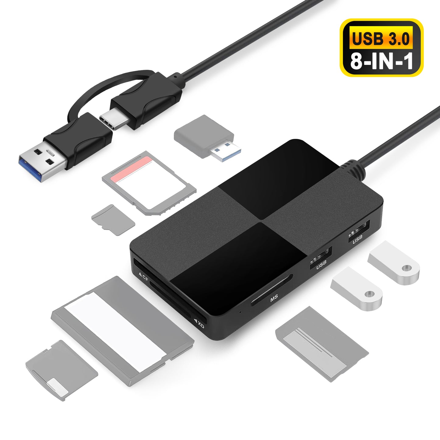 8 in 1 USB C & USB 3.0 Multi Card Reader Hub - 5 Gps High Speed for Supports SD, TF, CF, XD, MS Cards & 3 USB 3.0 Ports for Simultaneous Use