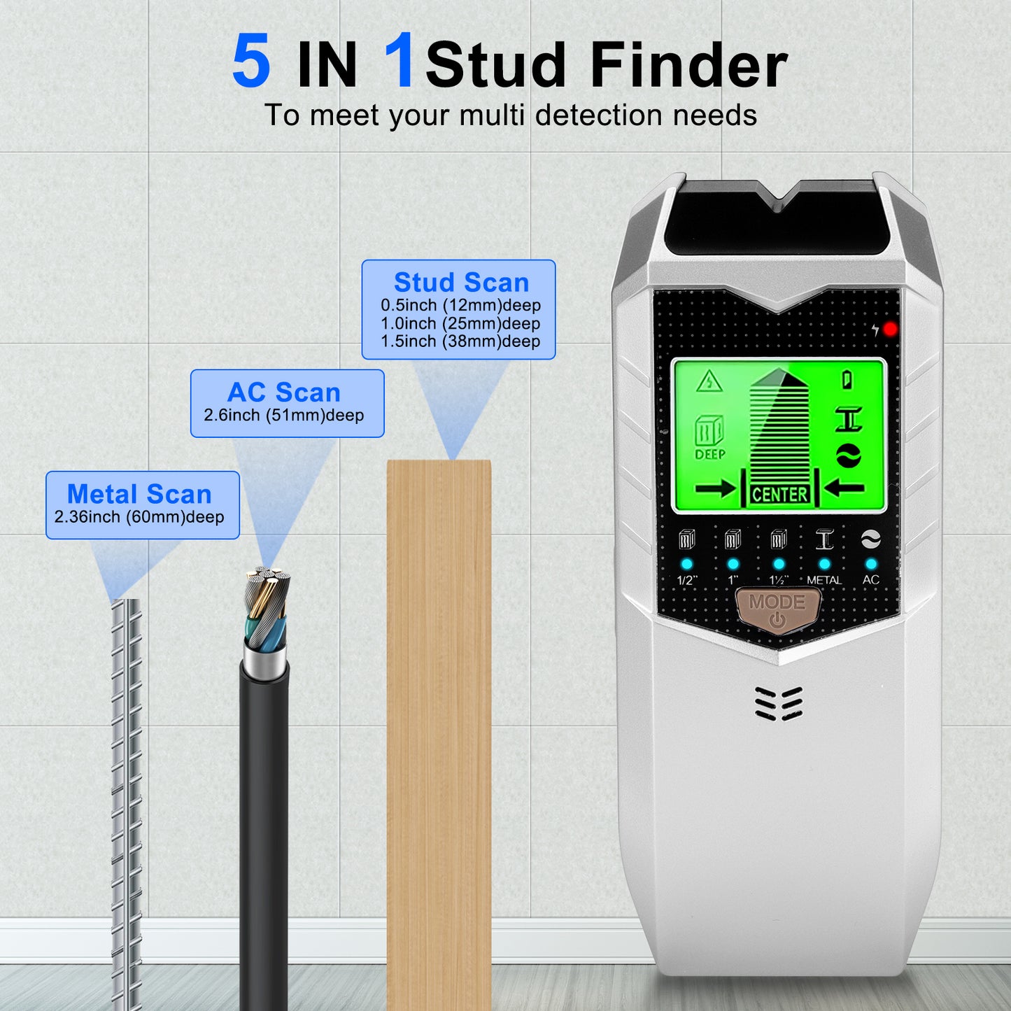 5 in 1 Stud Finder Wall Scanner - Stud Finder Wall Sensor Detector with LED Display & Audio Alarm for Wood, Metal, AC Wire Detectior(Silver)