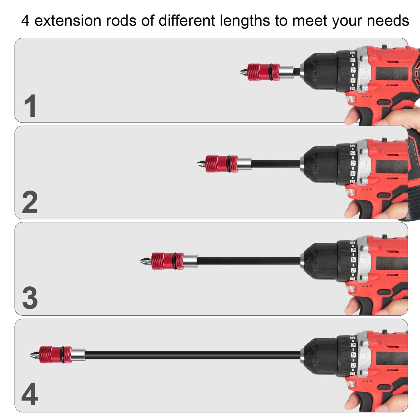 4Pcs Steel Drill Extension Bit Holder Set - 12'' 6'' 4'' 2'' Magnetic Drill Screwdriver Bit Extender 1/4 inch Hex Bit Holder, Impact Driver Extension Adjustable Depth Screwdriver