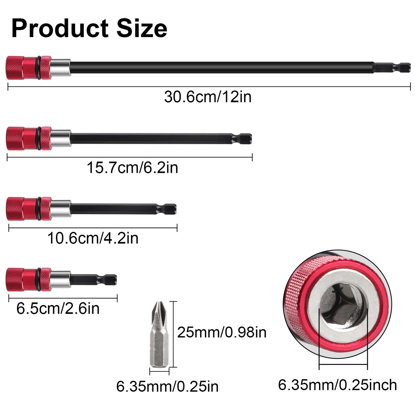 4Pcs Steel Drill Extension Bit Holder Set - 12'' 6'' 4'' 2'' Magnetic Drill Screwdriver Bit Extender 1/4 inch Hex Bit Holder, Impact Driver Extension Adjustable Depth Screwdriver