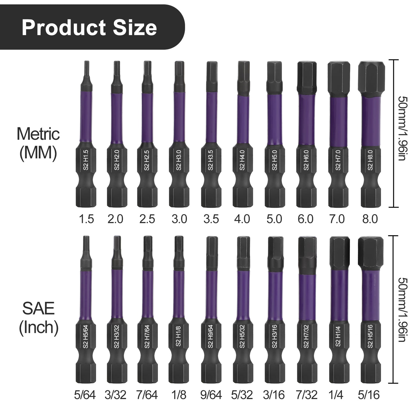 20Pcs Impact Hex Head Allen Wrench Drill Bit Set - S2 Steel Hex Bits Set,1/4” Hex Shank with Magnetism,for Household DIY,Woodworking, Automobiles