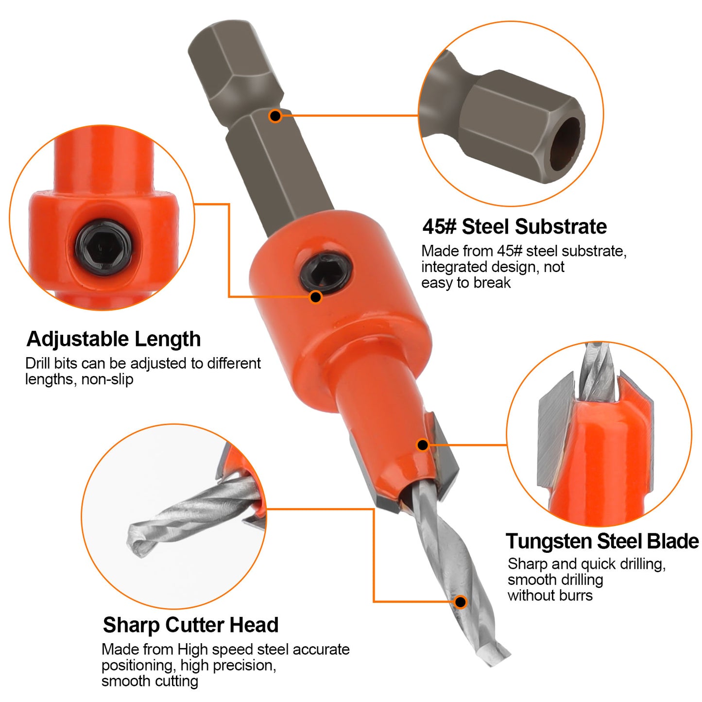 15Pcs Countersink Sink Drill Bit for Wood - with hex key and Replaceable drill bits,for woodworking, plastic, drill holes