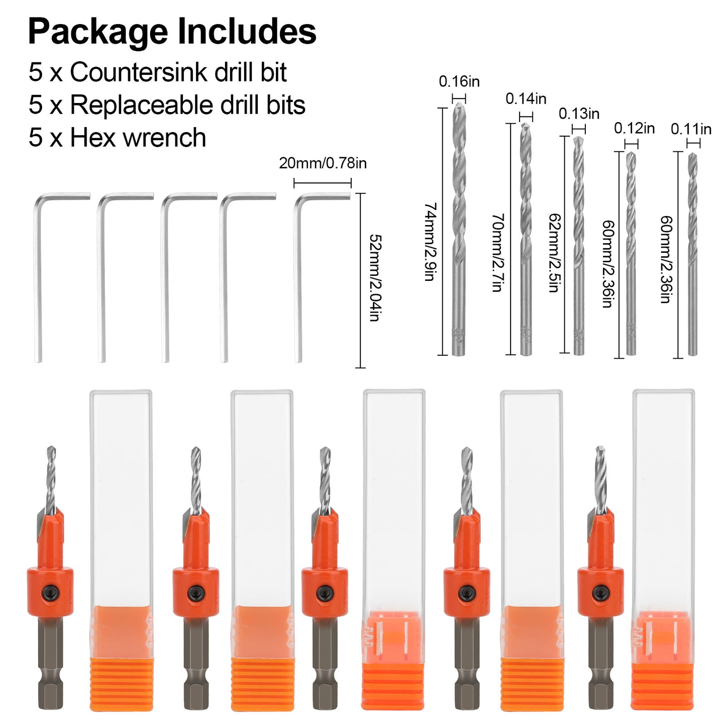 15Pcs Countersink Sink Drill Bit for Wood - with hex key and Replaceable drill bits,for woodworking, plastic, drill holes