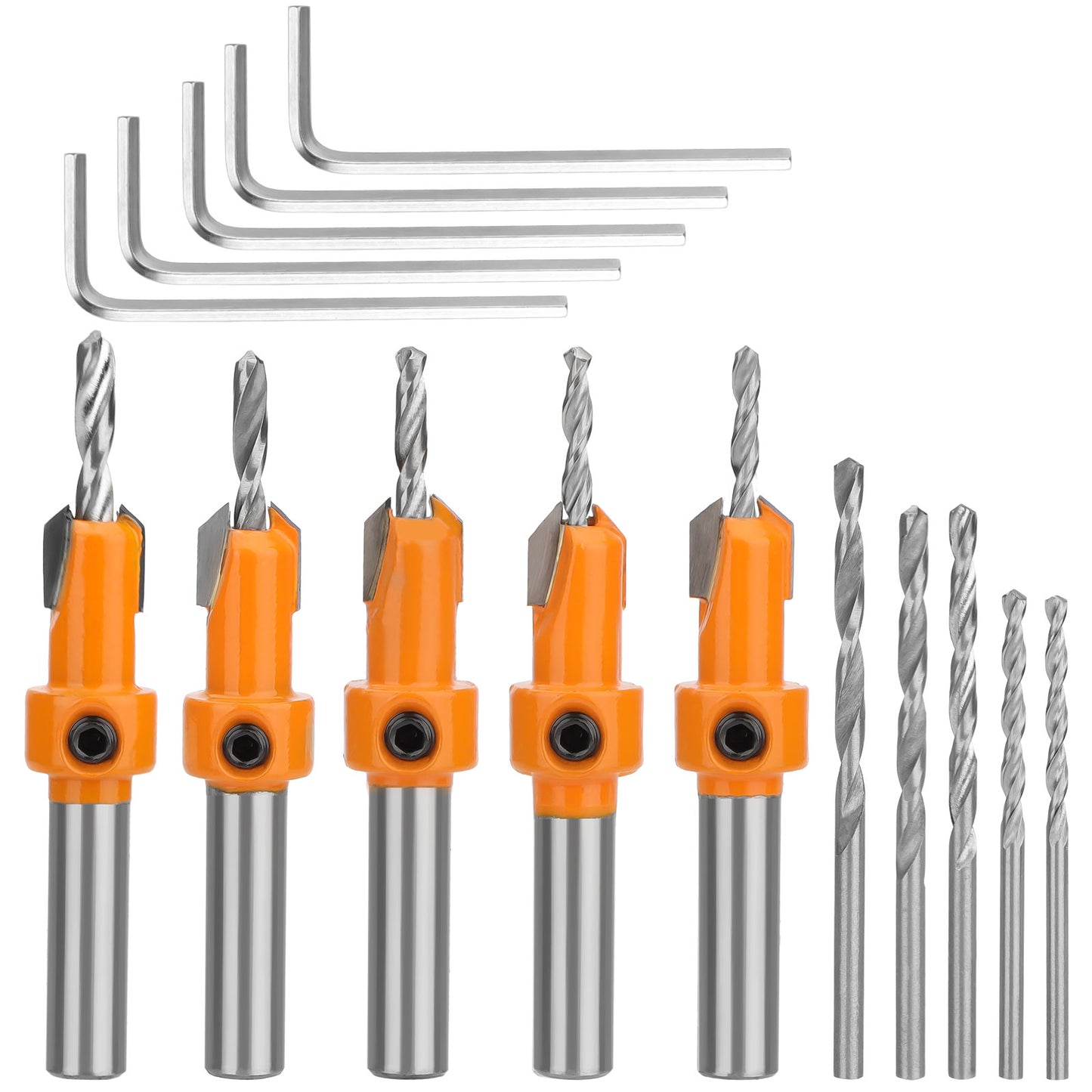 15Pcs Countersink Drill Bit Set - Wood Tapered Drill Bits with 5Pcs Extra Replaceable Drill bit,5pcs Hex wrench,Countersink Drill Bit Set for Woodworking, Opening Holes