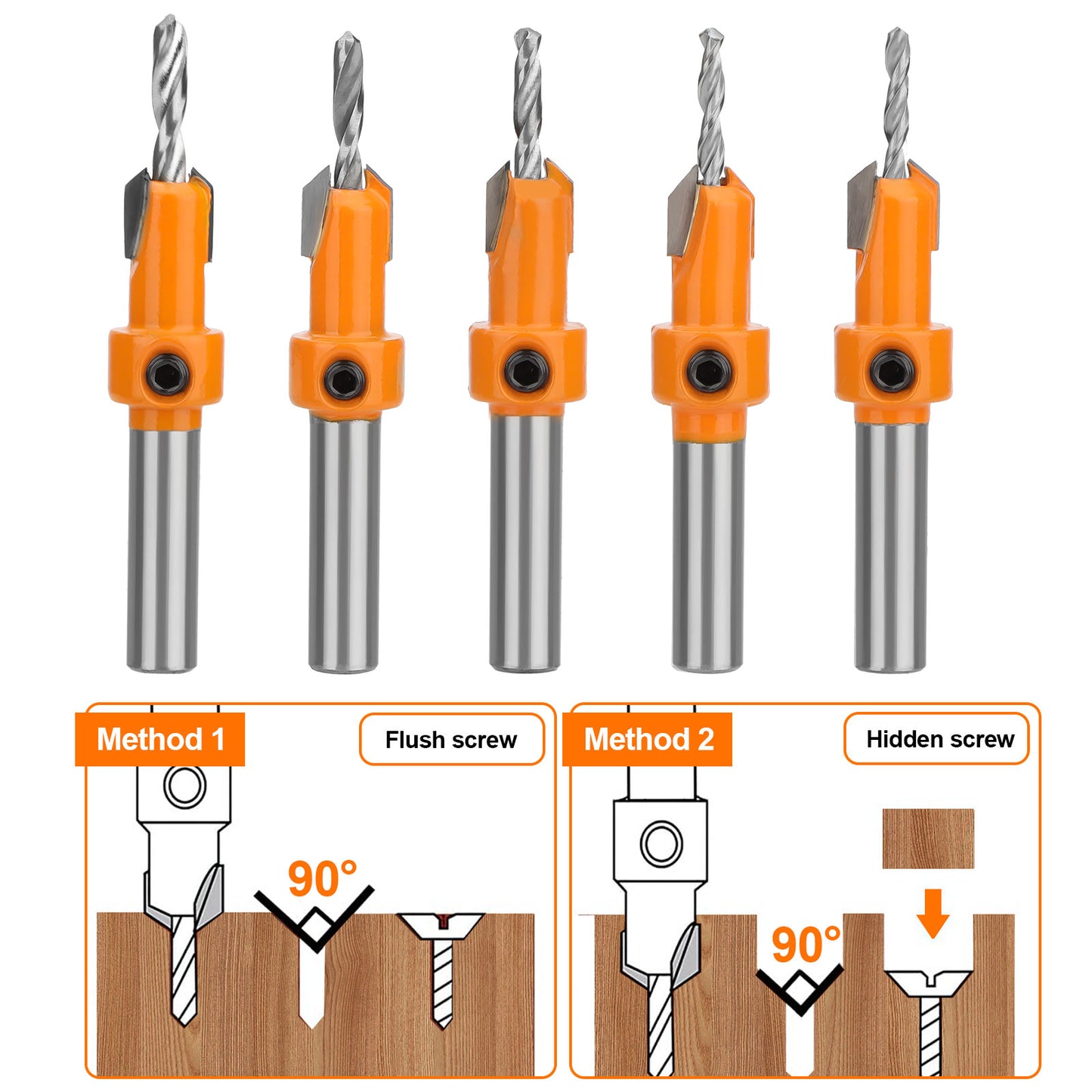 15Pcs Countersink Drill Bit Set - Wood Tapered Drill Bits with 5Pcs Extra Replaceable Drill bit,5pcs Hex wrench,Countersink Drill Bit Set for Woodworking, Opening Holes