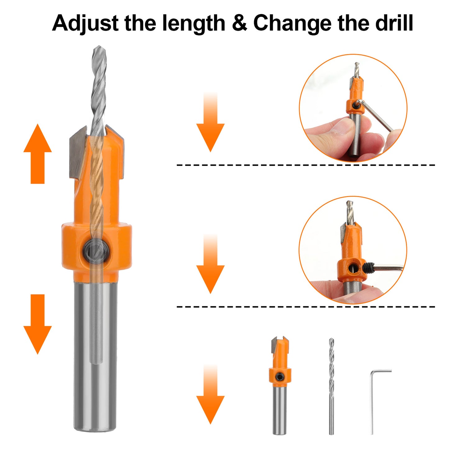 15Pcs Countersink Drill Bit Set - Wood Tapered Drill Bits with 5Pcs Extra Replaceable Drill bit,5pcs Hex wrench,Countersink Drill Bit Set for Woodworking, Opening Holes