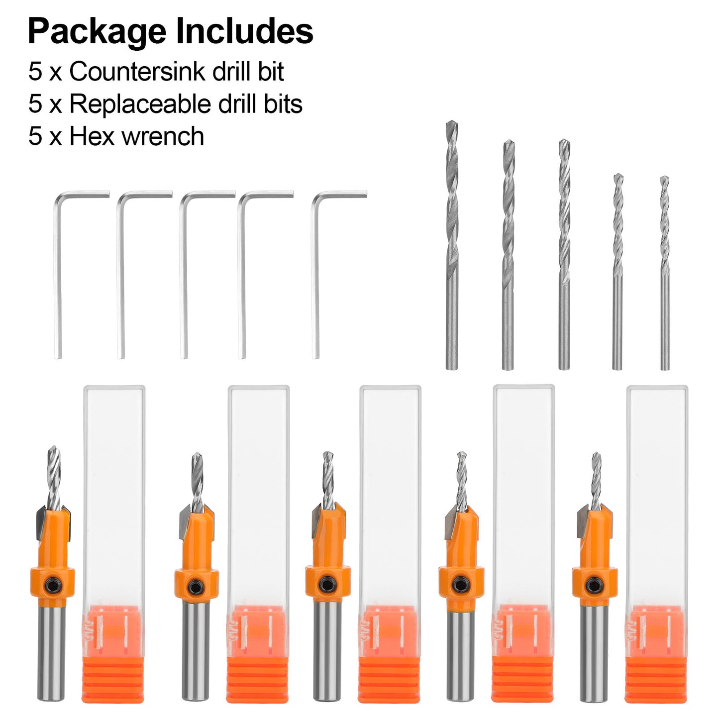 15Pcs Countersink Drill Bit Set - Wood Tapered Drill Bits with 5Pcs Extra Replaceable Drill bit,5pcs Hex wrench,Countersink Drill Bit Set for Woodworking, Opening Holes