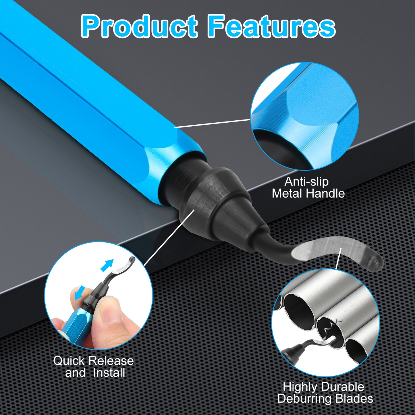 Deburring Tool Set with 10 Extra Blades - Aluminum Handle,High-Speed Steel Blades, 360 Degree Rotatable,For metal, steel, copper, aluminum, plastic, PVC, and trunking
