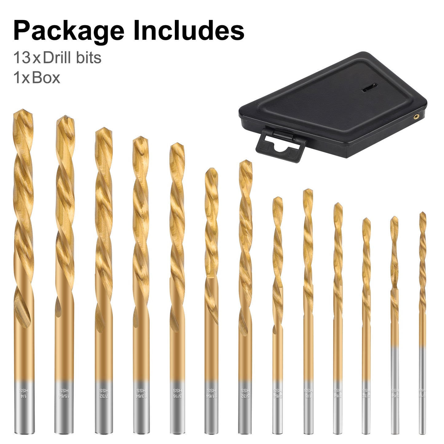 13pcs Twist Drill Bit Set - High-Speed Steel with Titanium Coating, Includes Durable Storage Case, Various Sizes from 1/16 to 1/4 Inch
