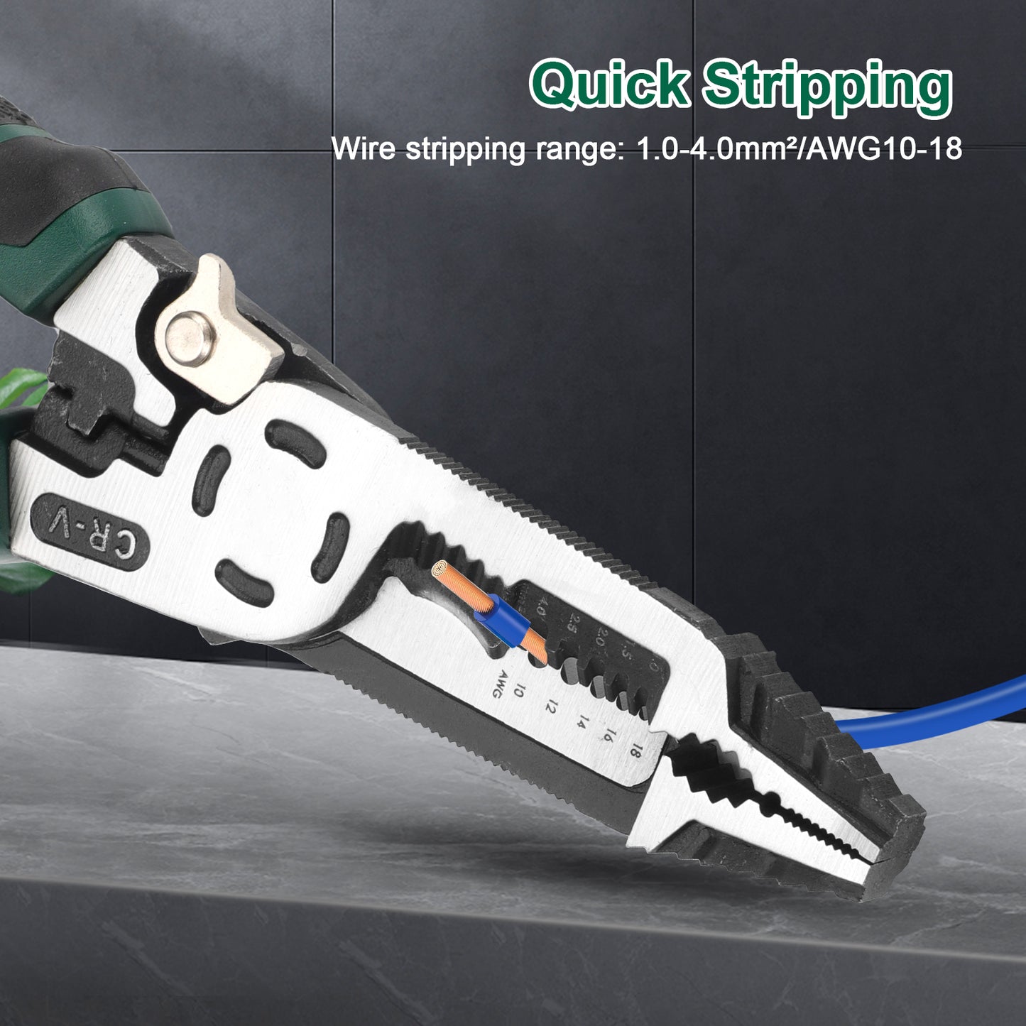 10-in-1 Multifunctional Heavy-Duty CR-V Wire Stripper Tool - 9 Inch with Non-Slip TPR Handle, Professional Grade for handles stripping, winding, cutting, pulling, crimping, breaking, clamping, nail holding, unscrewing, and deburring