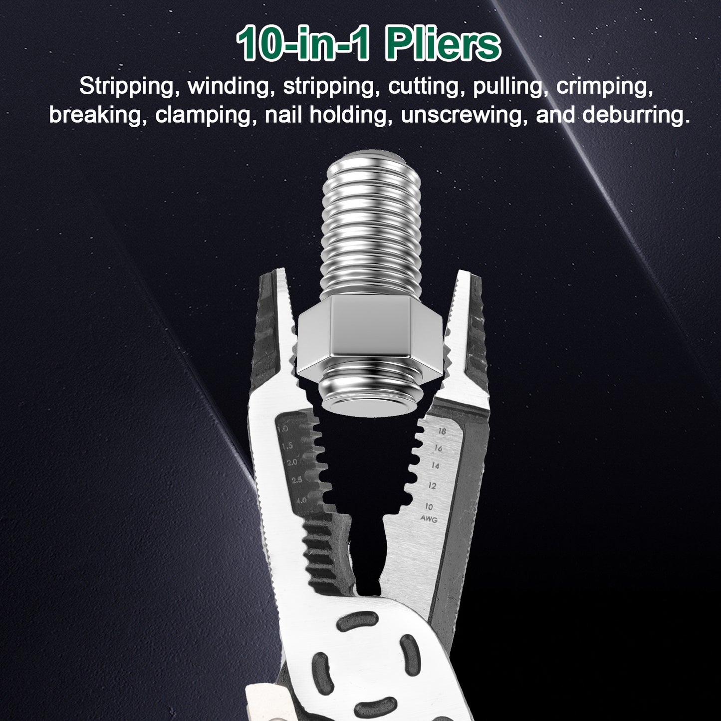 10-in-1 Multifunctional Heavy-Duty CR-V Wire Stripper Tool - 9 Inch with Non-Slip TPR Handle, Professional Grade for handles stripping, winding, cutting, pulling, crimping, breaking, clamping, nail holding, unscrewing, and deburring