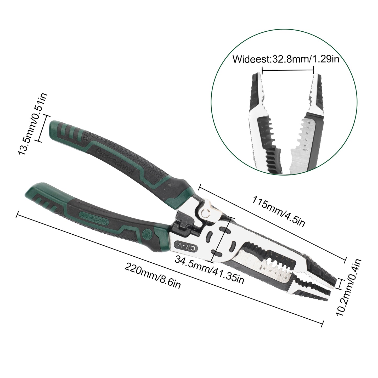 10-in-1 Multifunctional Heavy-Duty CR-V Wire Stripper Tool - 9 Inch with Non-Slip TPR Handle, Professional Grade for handles stripping, winding, cutting, pulling, crimping, breaking, clamping, nail holding, unscrewing, and deburring