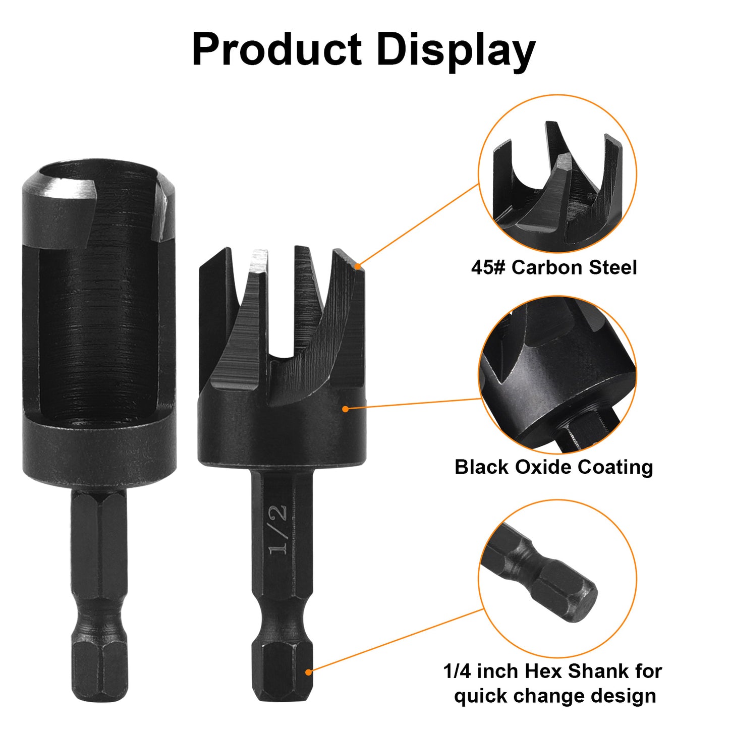 8 Pcs Wood Plug Cutter Drill Bit Set - 1/4" Hex Shank, Carbon Steel Straight & Tapered Cutting Tools for Woodworking (1/4", 5/16", 3/8", 1/2")