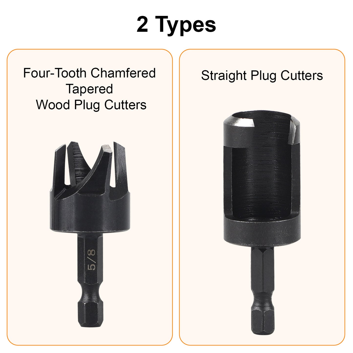8 Pcs Wood Plug Cutter Drill Bit Set - 1/4" Hex Shank, Carbon Steel Straight & Tapered Cutting Tools for Woodworking (1/4", 5/16", 3/8", 1/2")