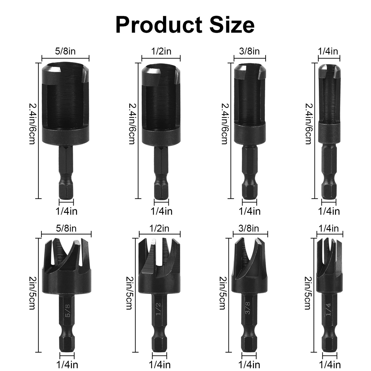 8 Pcs Wood Plug Cutter Drill Bit Set - 1/4" Hex Shank, Carbon Steel Straight & Tapered Cutting Tools for Woodworking (1/4", 5/16", 3/8", 1/2")