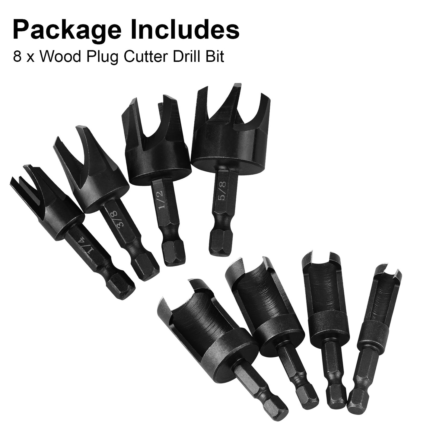 8 Pcs Wood Plug Cutter Drill Bit Set - 1/4" Hex Shank, Carbon Steel Straight & Tapered Cutting Tools for Woodworking (1/4", 5/16", 3/8", 1/2")