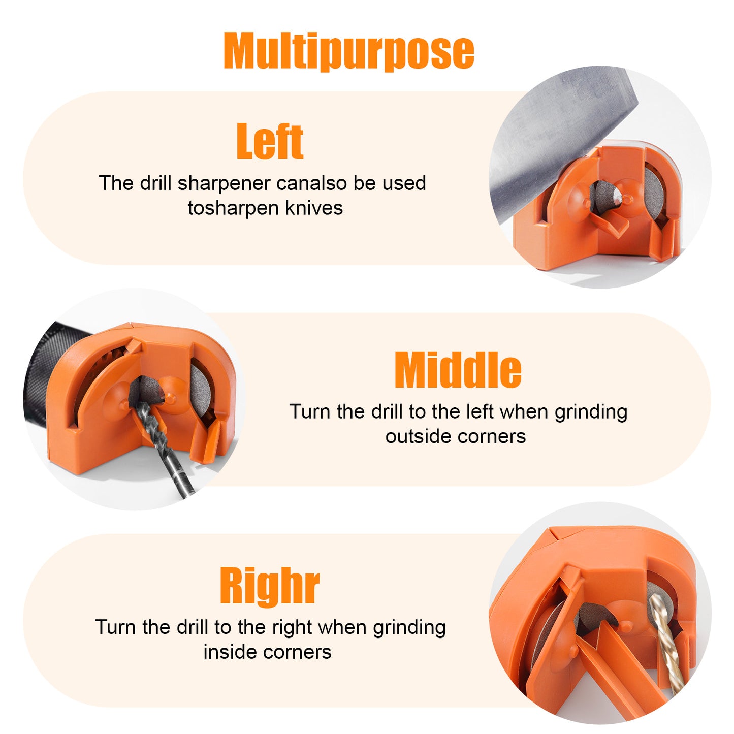 Multipurpose Drill Bit Sharpener with 2 Diamond Grinding Wheels - Efficient and Portable Twist Drill Grinder Tool (Orange)