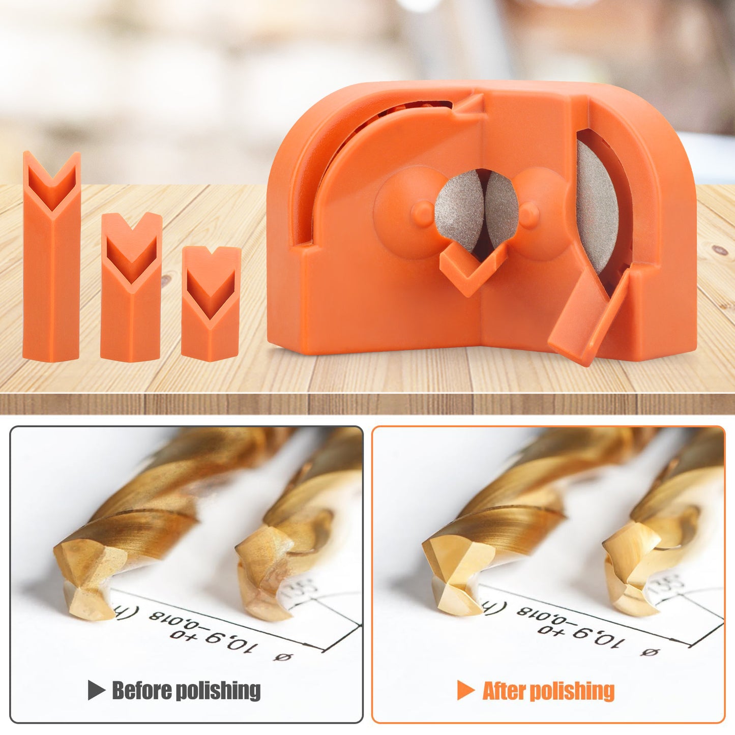 Multipurpose Drill Bit Sharpener with 2 Diamond Grinding Wheels - Efficient and Portable Twist Drill Grinder Tool (Orange)