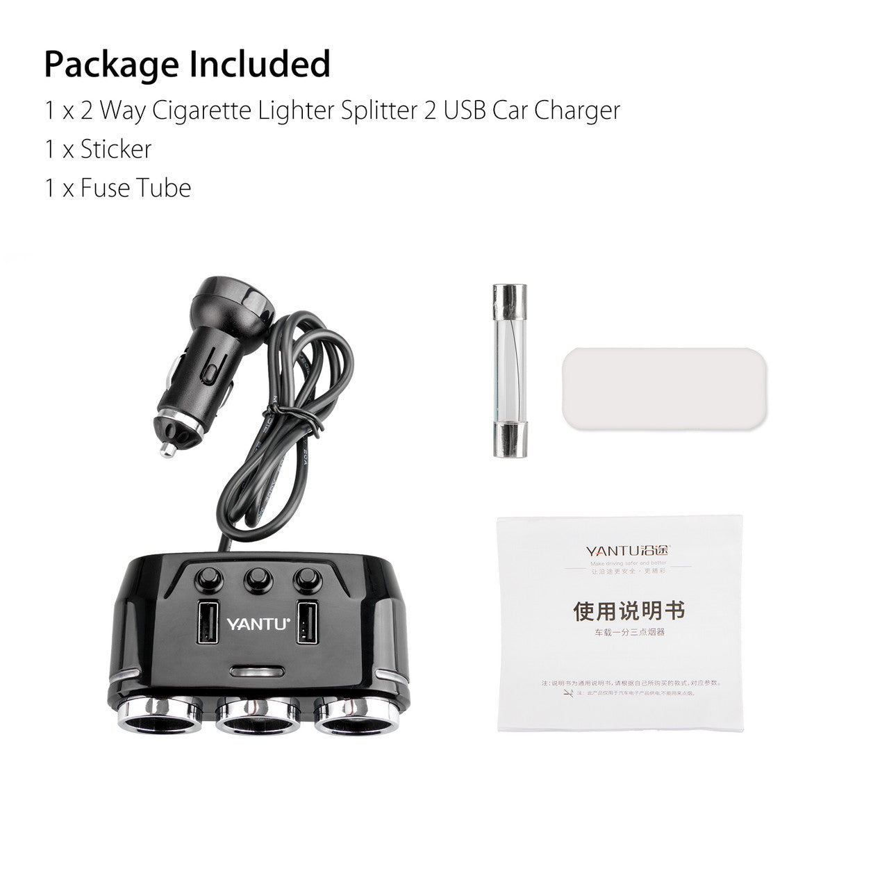 12V 3 Way Car Cigarette Lighter Socket Splitter Dual USB Charger Power Adapter