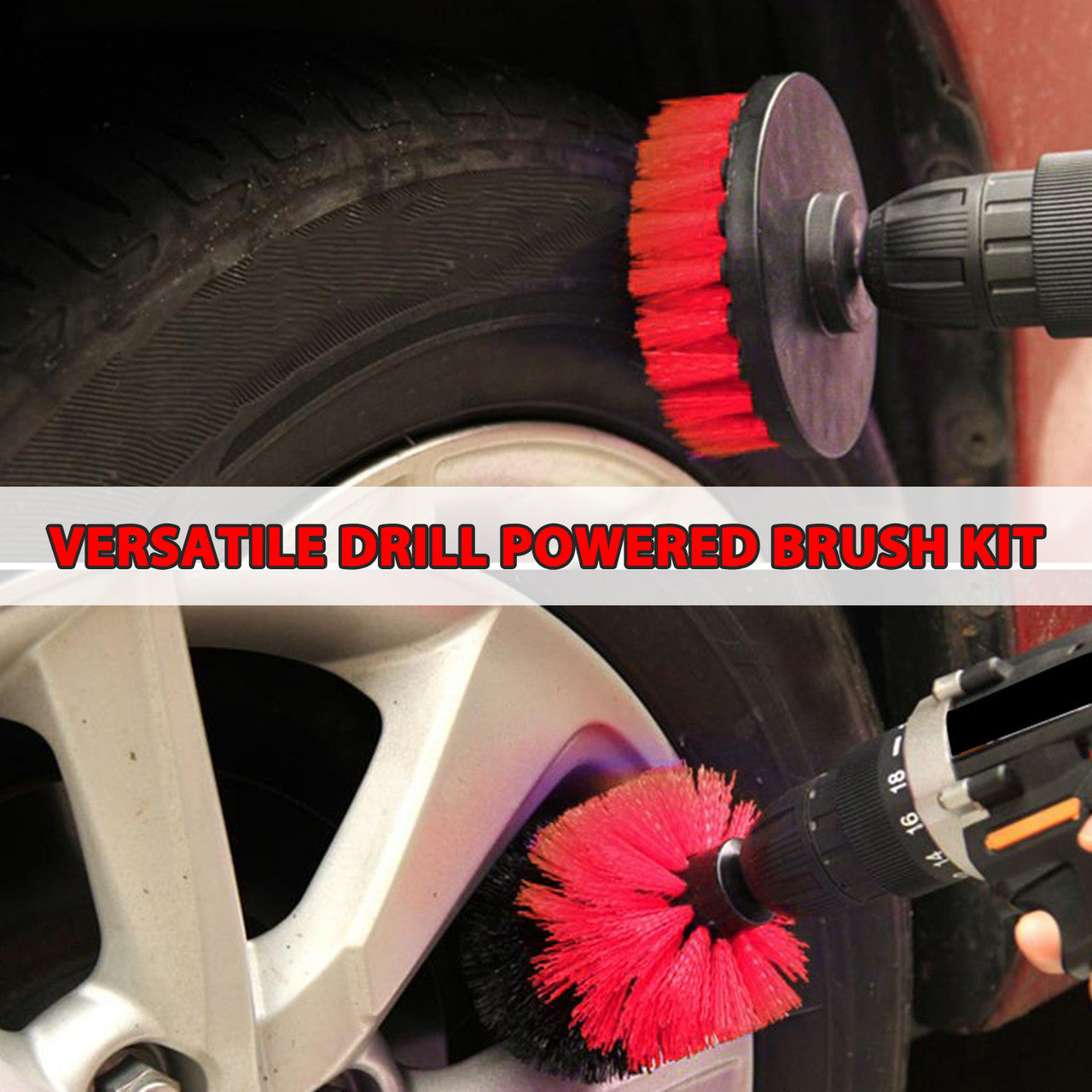 Drill Brush Attachment Set, Scrub Brush Drill Powered Car Detailing Cleaning Brush Kit - Universal for Auto, Bathroom Toilet, Grout, Floor, Shower, Tile, Sinks, Kitchen, Red, 3PCS