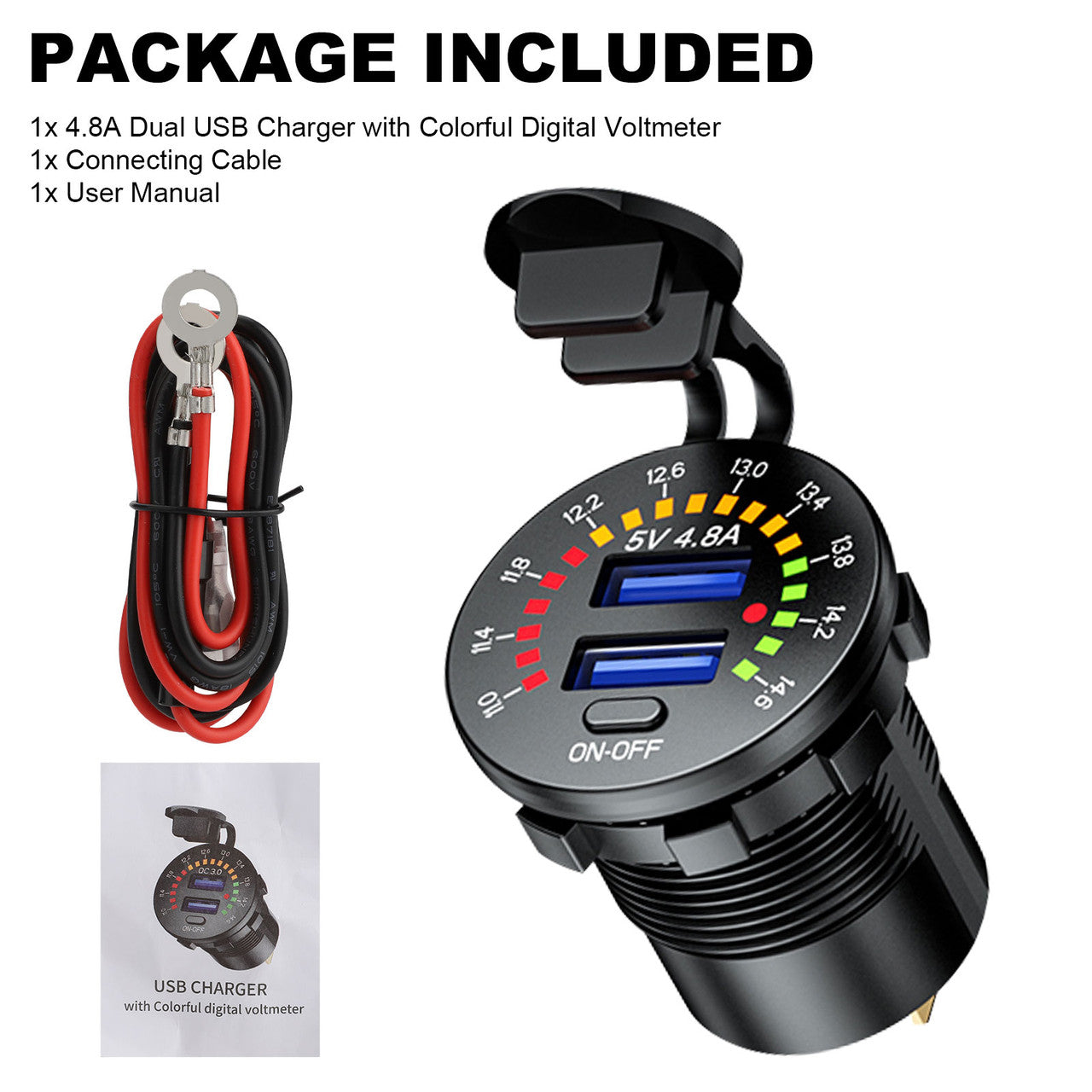 Dual USB Car Charger, Power Socket Outlet w/LED Digital Voltmeter, 12V